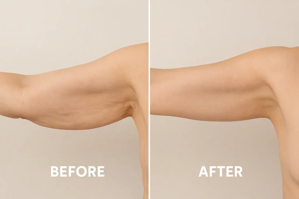 Picture of LA LIPO Greater London (Harrow) before and after results of skin tightening treatment on the upper arms.