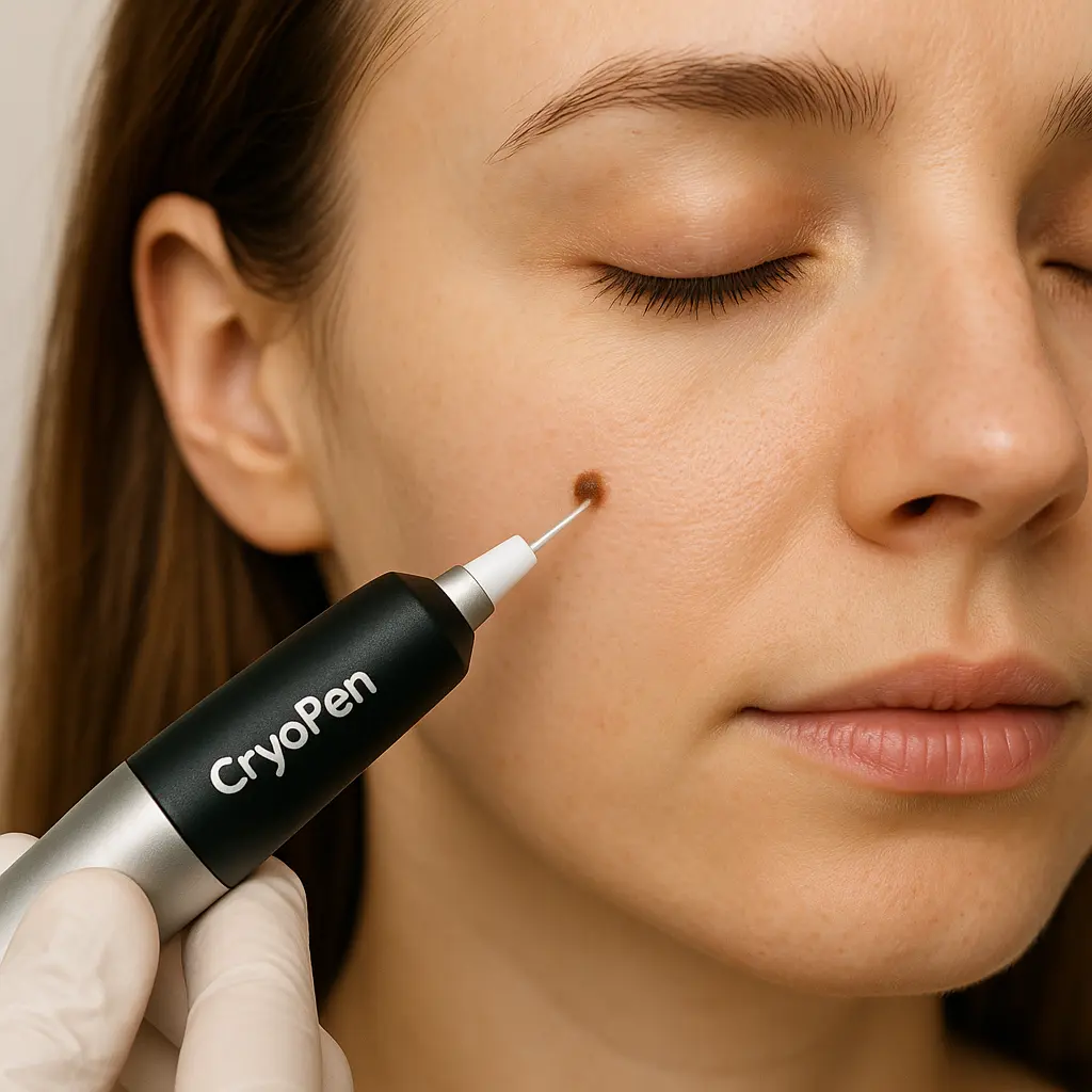 woman receiving facial mole removal Greater London (Harrow) using cryopen