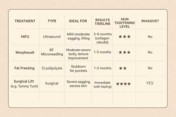 Table showing the comparisons of Skin tightening Greater London (Harrow) treatment options.